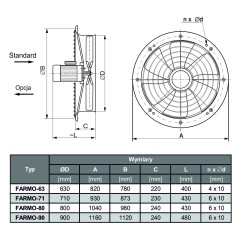 TYWENT Wentylator ścienny przemysłowy FARMO-71/8 1F - 14000m3/h - FI 710mm