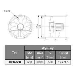 TYWENT Wentylator kanałowy przemysłowy OFK-560/2B 3F - 20500m3/h - FI 560mm