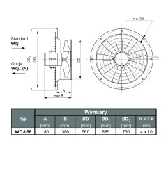TYWENT Wentylator ścienny przemysłowy WOJ-56/4 1F - 10080m3/h - FI 560mm